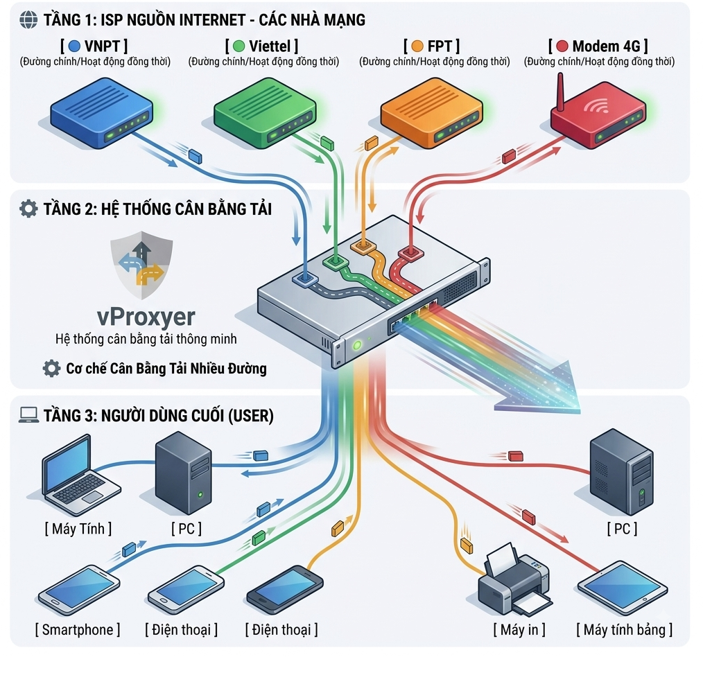 Sơ đồ vProxyer cân bằng tải nhiều đường: VNPT, Viettel, FPT và Modem 4G chạy đồng thời, chia tải giữa các đường tới PC, điện thoại và máy in.